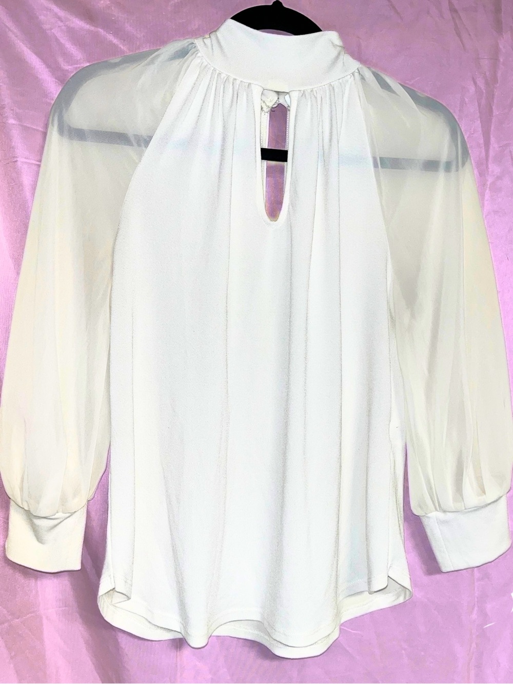 New York & Company White Sheer-Sleeve Mock Neck Blouse